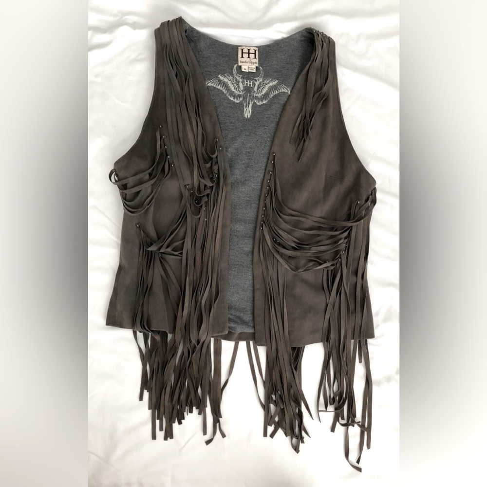 NWOT Haute Hippie gorgeous grey genuine leather (suede) fully lined fringe vest.
